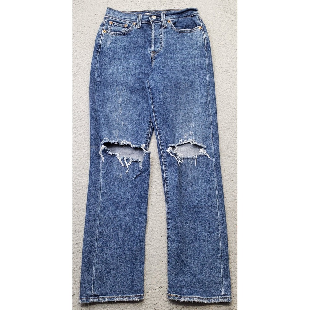 Levi's Wedgie Straight Womens 25/28 Blue‎ Denim Ripped Distressed Button Fly